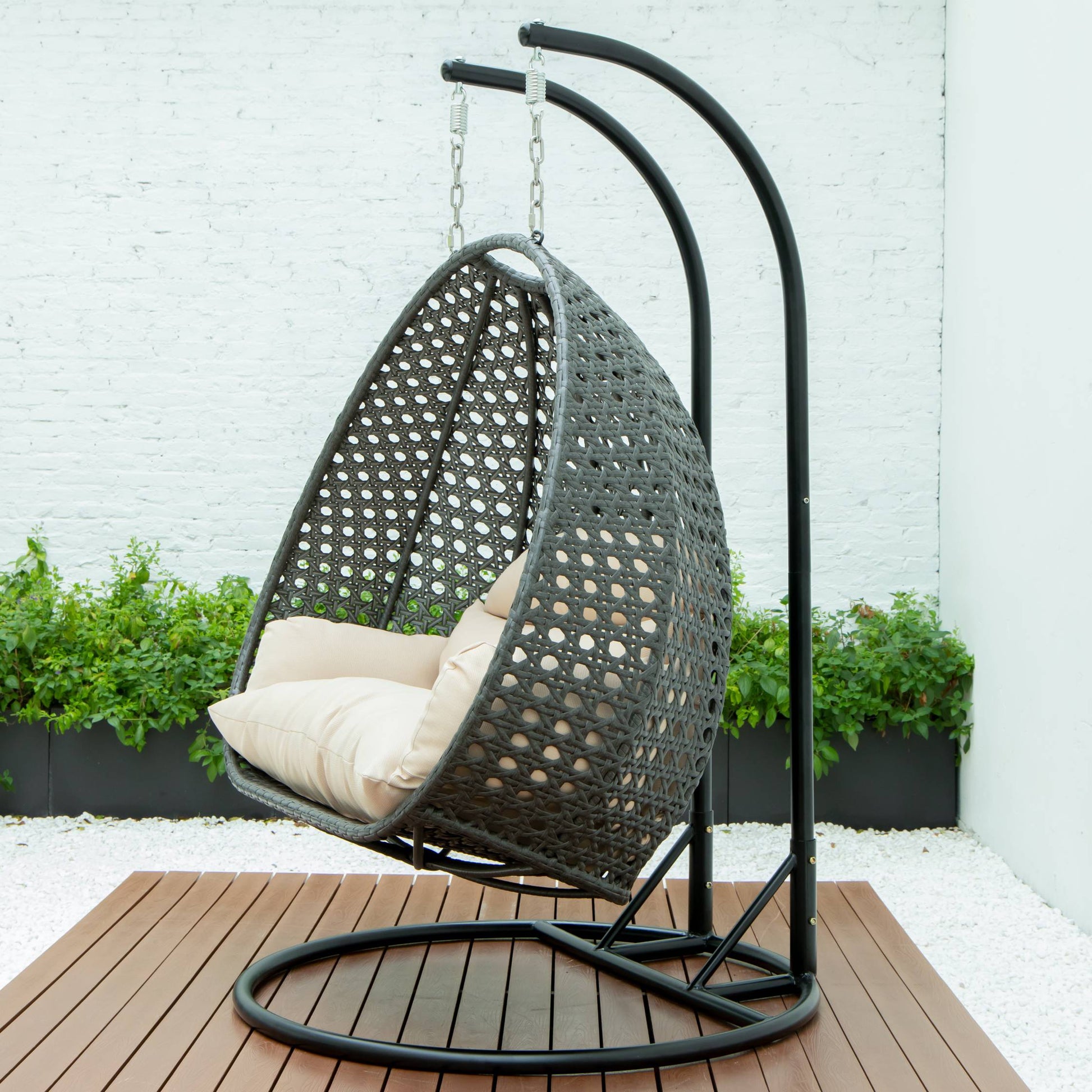 LeisureMod Charcoal Wicker Hanging 2 person Egg Swing Chair | Outdoor Porch Swings | Modishstore - 66