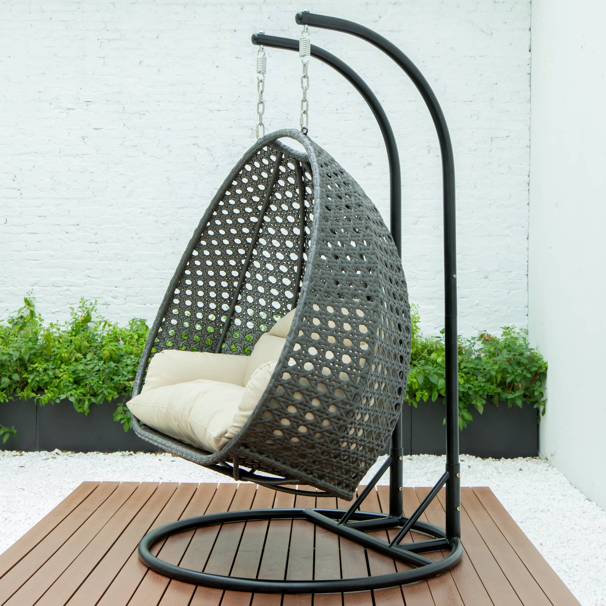 LeisureMod Charcoal Wicker Hanging 2 person Egg Swing Chair | Outdoor Porch Swings | Modishstore - 76