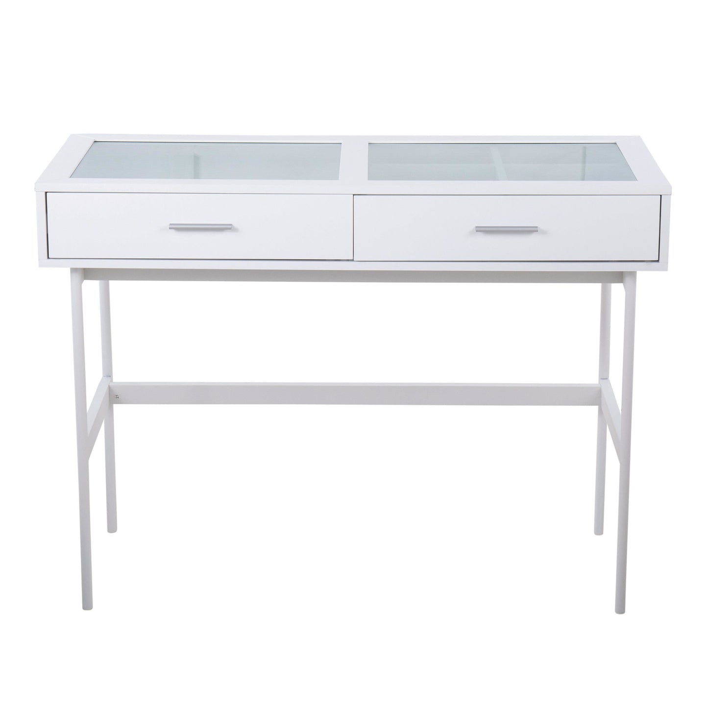 Emery Contemporary Console Table in White Wood, White Steel, and Glass Top By LumiSource | Console Tables | Modishstore - 2