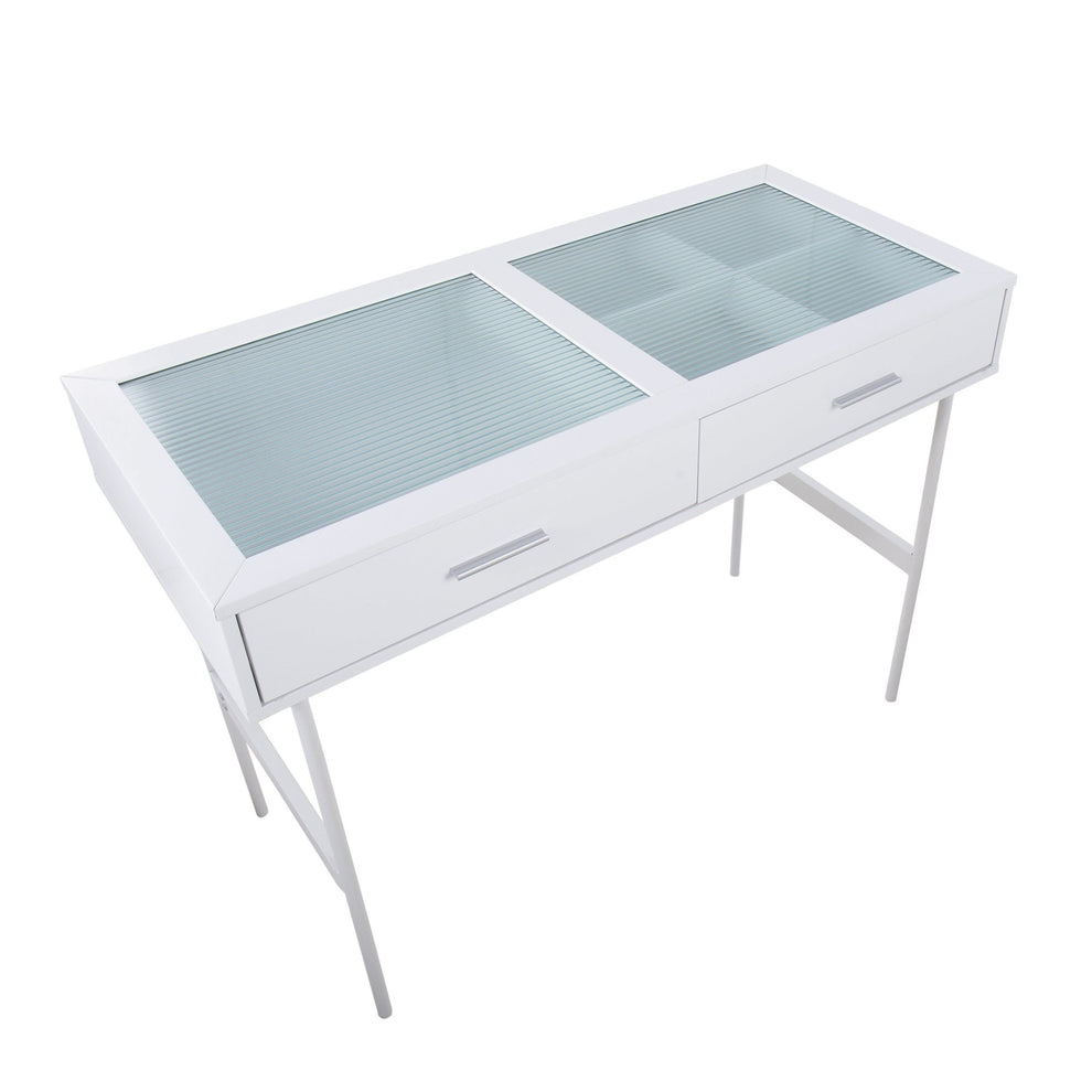 Emery Contemporary Console Table in White Wood, White Steel, and Glass Top By LumiSource | Console Tables | Modishstore - 3
