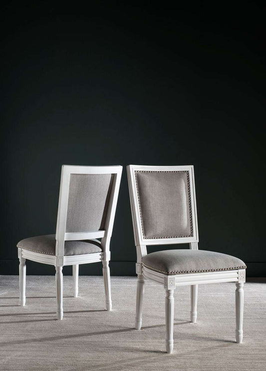 Safavieh Buchanan 19''H French Brasserie Linen Rect Side Chair Set Of 2 - Silver Nail Heads Light Gray | Dining Chairs | Modishstore