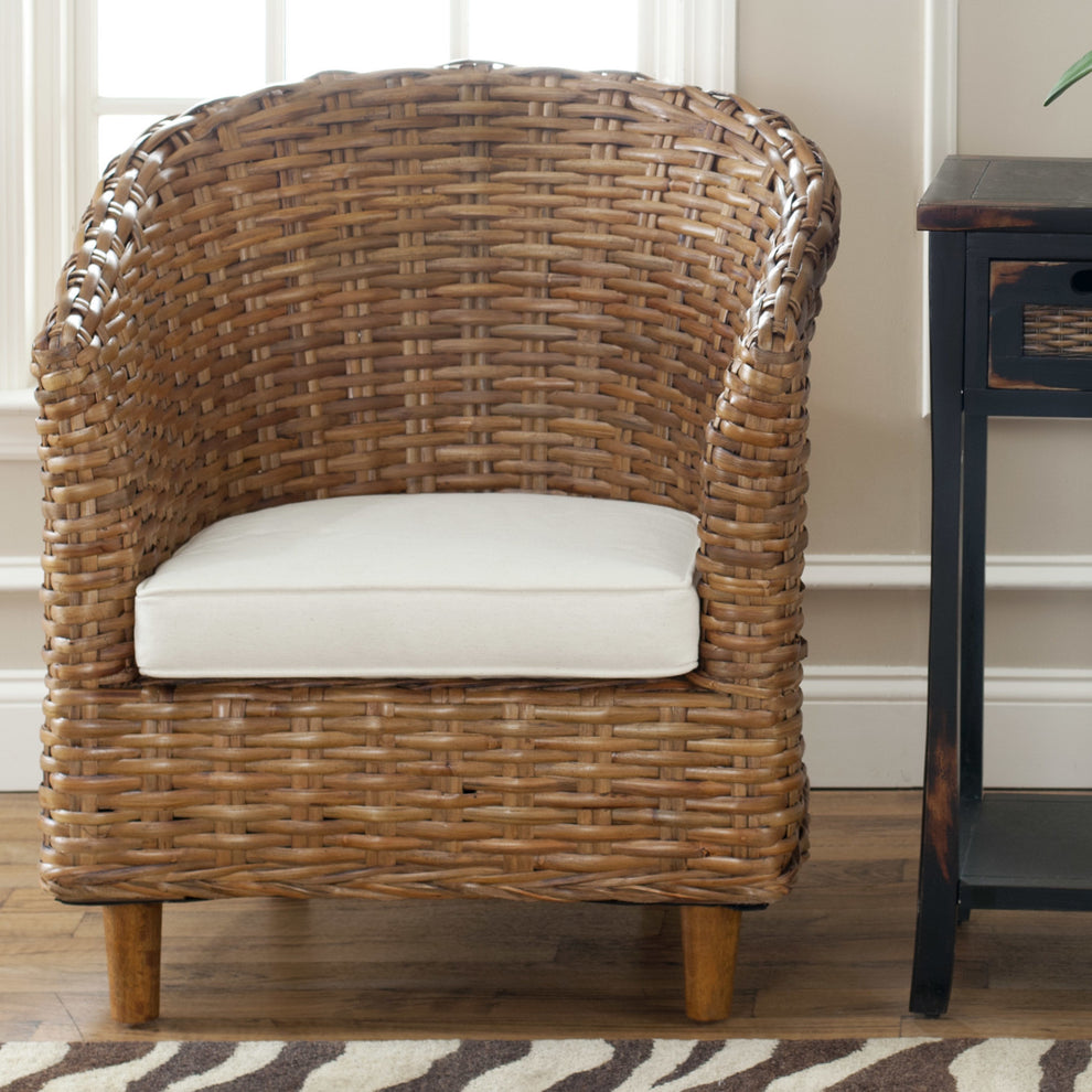 Safavieh Omni Barrel  Low Back Chair in 4 colors Homey , Brown , Natural, brown / Black , Rattan finish and Mango wood  construction | Accent Chairs | Modishstore - 1