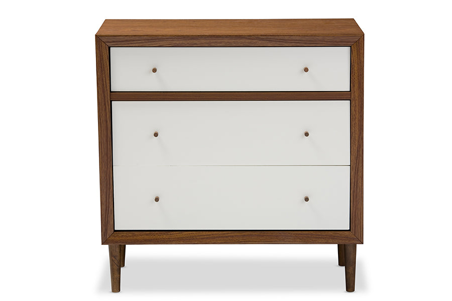baxton studio harlow mid century modern scandinavian style white and walnut wood 3 drawer chest | Modish Furniture Store-2