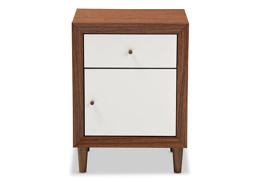 Baxton Studio Harlow Mid-century Modern Scandinavian Style White and Walnut Wood 1-drawer and 1-door Nightstand | Modishstore | Nightstands