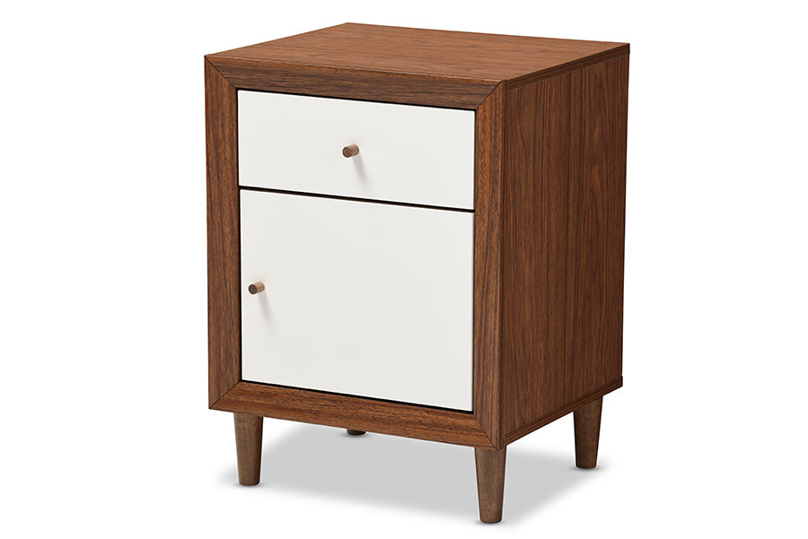 baxton studio harlow mid century modern scandinavian style white and walnut wood 1 drawer and 1 door nightstand | Modish Furniture Store-2