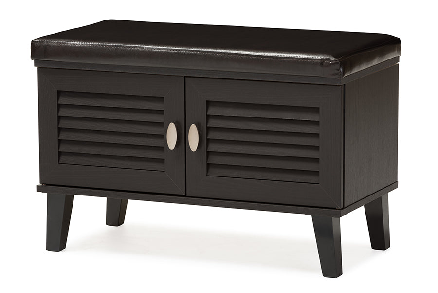 baxton studio sheffield modern and contemporary 2 door dark brown wood entryway storage cushioned bench shoe rack cabinet organizer | Modish Furniture Store-2