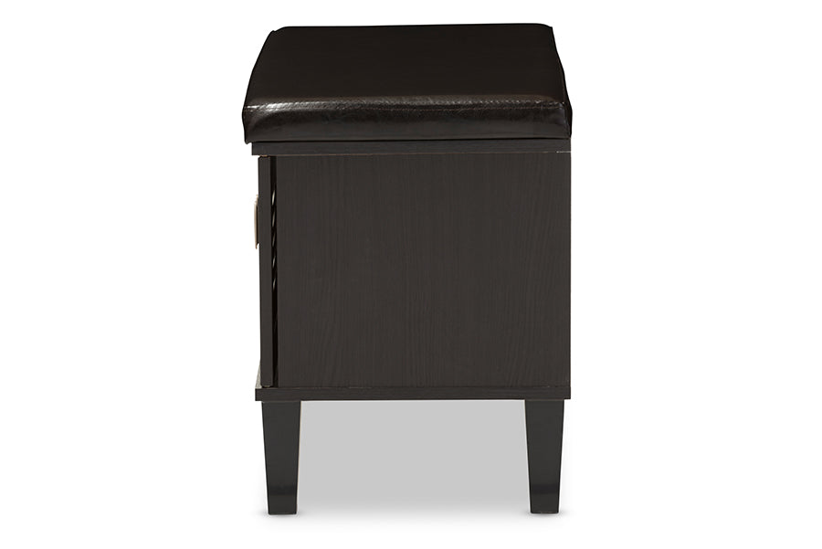 baxton studio sheffield modern and contemporary 2 door dark brown wood entryway storage cushioned bench shoe rack cabinet organizer | Modish Furniture Store-3