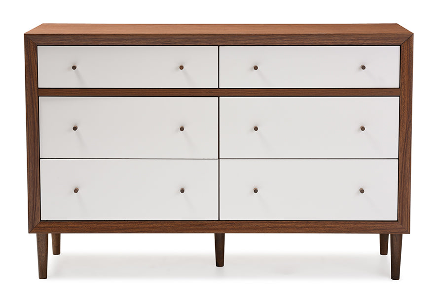 Baxton Studio Harlow Mid-century Modern Scandinavian Style White and Walnut Wood 6-drawer Storage Dresser | Modishstore | Drawers
