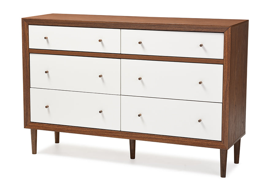 baxton studio harlow mid century modern scandinavian style white and walnut wood 6 drawer storage dresser | Modish Furniture Store-2