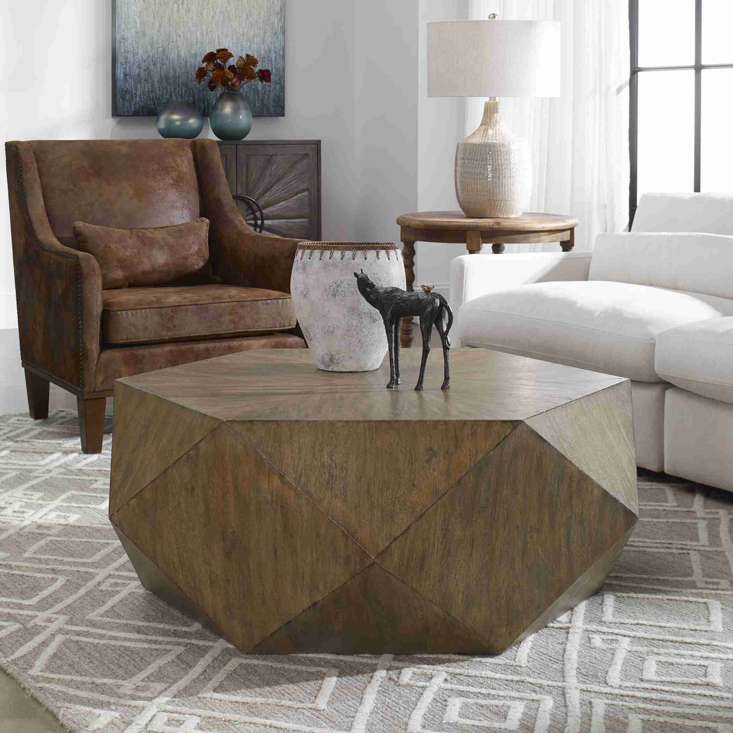 Uttermost Volker Honey Coffee Table-18" H x 48" W x 43.8" D, Burnished Honey/Light Gray | Coffee Tables | Modishstore - 6
