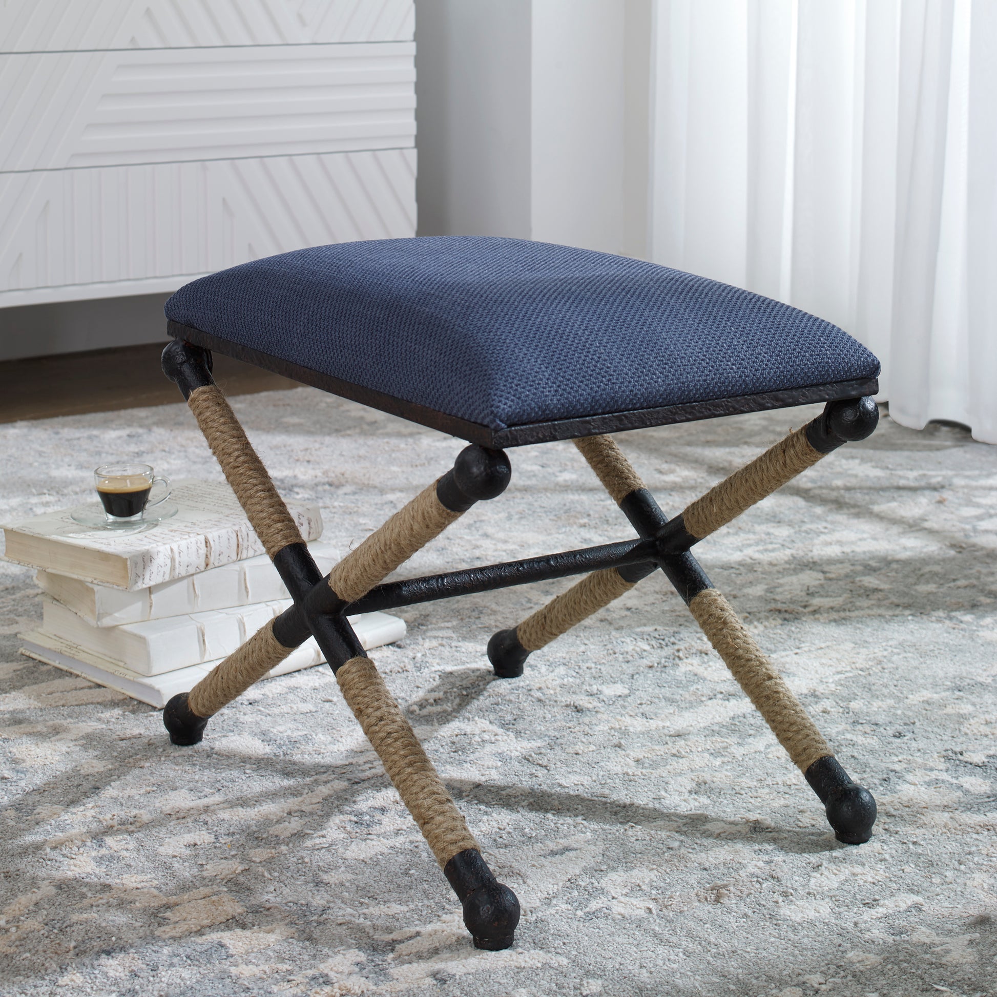 Uttermost Firth Small Navy Fabric Bench | Modishstore | Benches