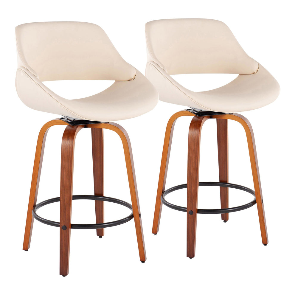 Fabrico Mid-Century Modern Fixed-Height Counter Stool in Walnut Wood with Round Black Footrest and Black Faux Leather By LumiSource - Set of 2 | Counter Stools | Modishstore - 8