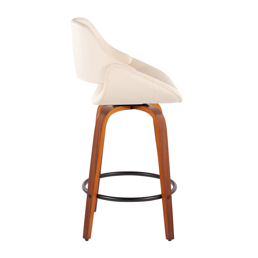 Fabrico Mid-Century Modern Fixed-Height Counter Stool in Walnut Wood with Round Black Footrest and Black Faux Leather By LumiSource - Set of 2 | Counter Stools | Modishstore - 12