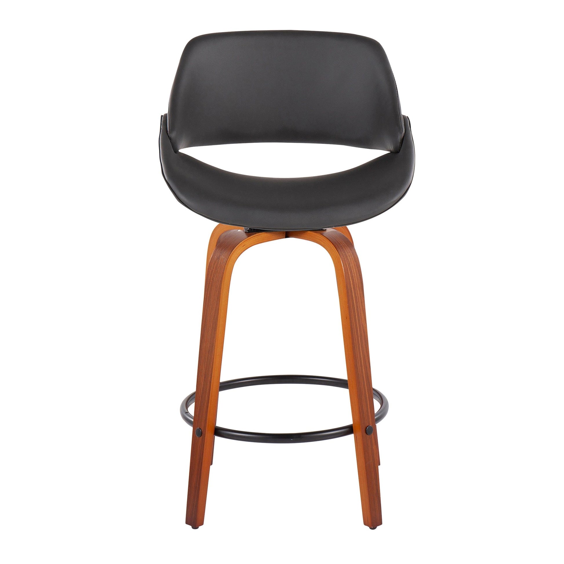 Fabrico Mid-Century Modern Fixed-Height Counter Stool in Walnut Wood with Round Black Footrest and Black Faux Leather By LumiSource - Set of 2 | Counter Stools | Modishstore - 16