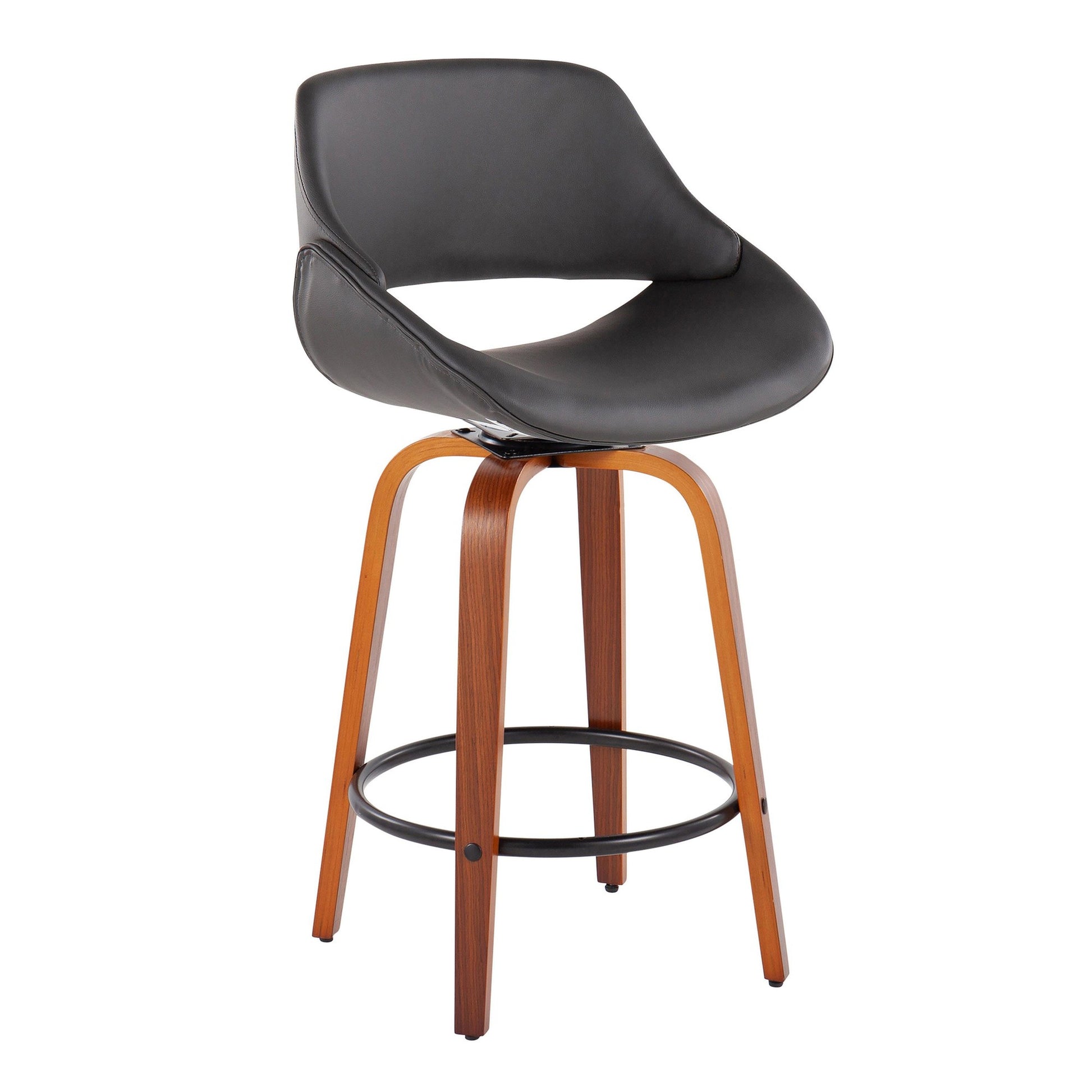 Fabrico Mid-Century Modern Fixed-Height Counter Stool in Walnut Wood with Round Black Footrest and Black Faux Leather By LumiSource - Set of 2 | Counter Stools | Modishstore - 18