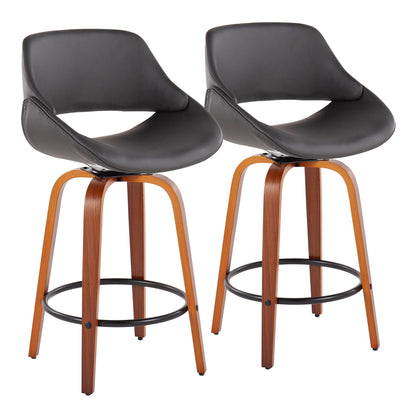 Fabrico Mid-Century Modern Fixed-Height Counter Stool in Walnut Wood with Round Black Footrest and Black Faux Leather By LumiSource - Set of 2 | Counter Stools | Modishstore - 15