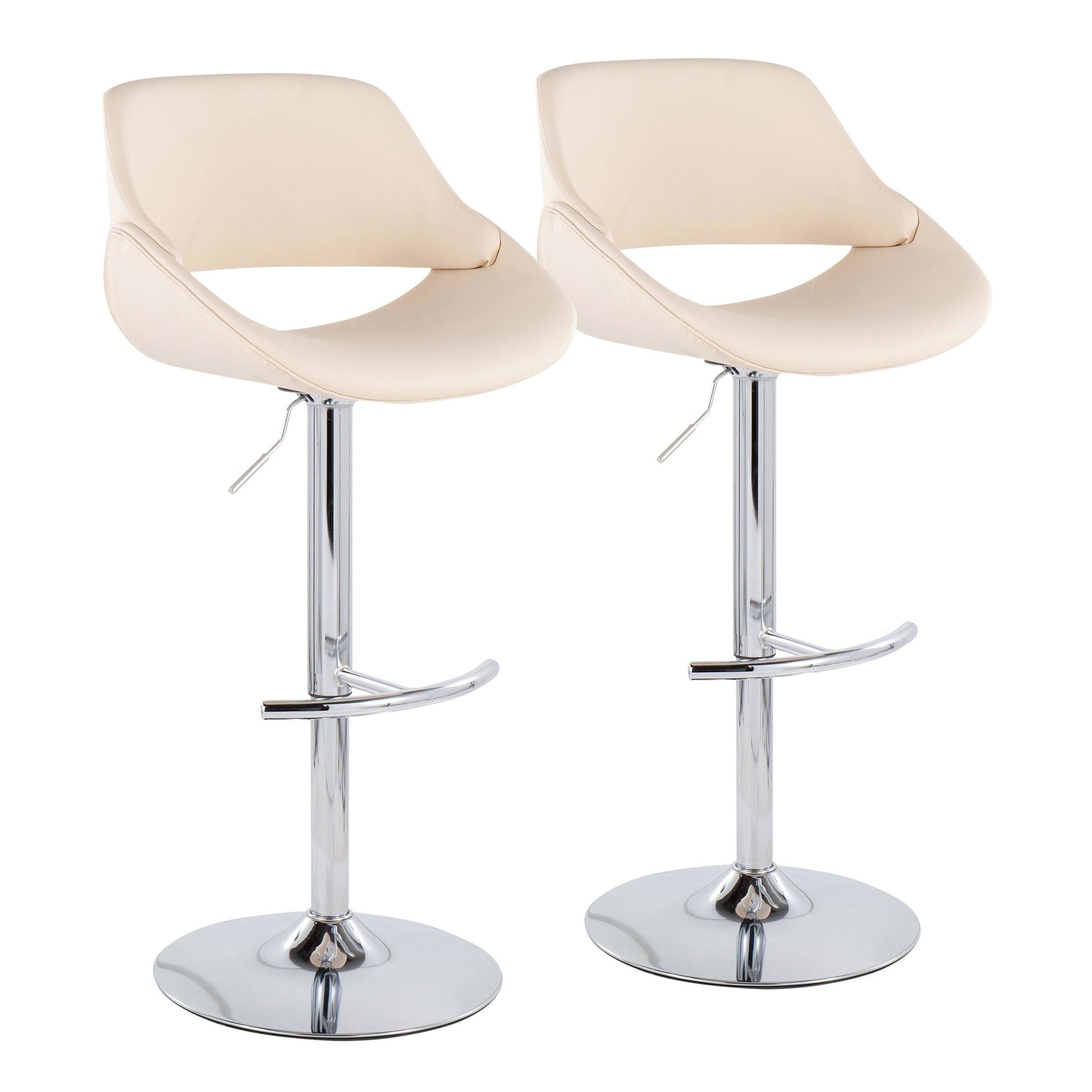 Fabrico Contemporary Adjustable Bar Stool in Chrome with Rounded T Footrest and Cream Faux Leather By LumiSource - Set of 2 | Bar Stools | Modishstore