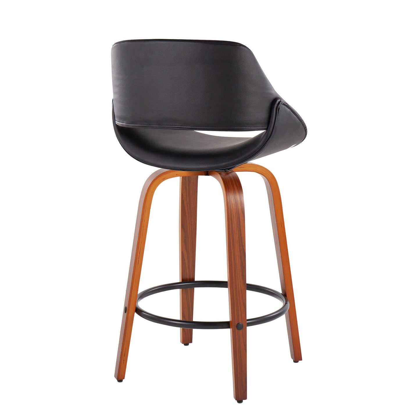 Fabrico Mid-Century Modern Fixed-Height Counter Stool in Walnut Wood with Round Black Footrest and Black Faux Leather By LumiSource - Set of 2 | Counter Stools | Modishstore - 6
