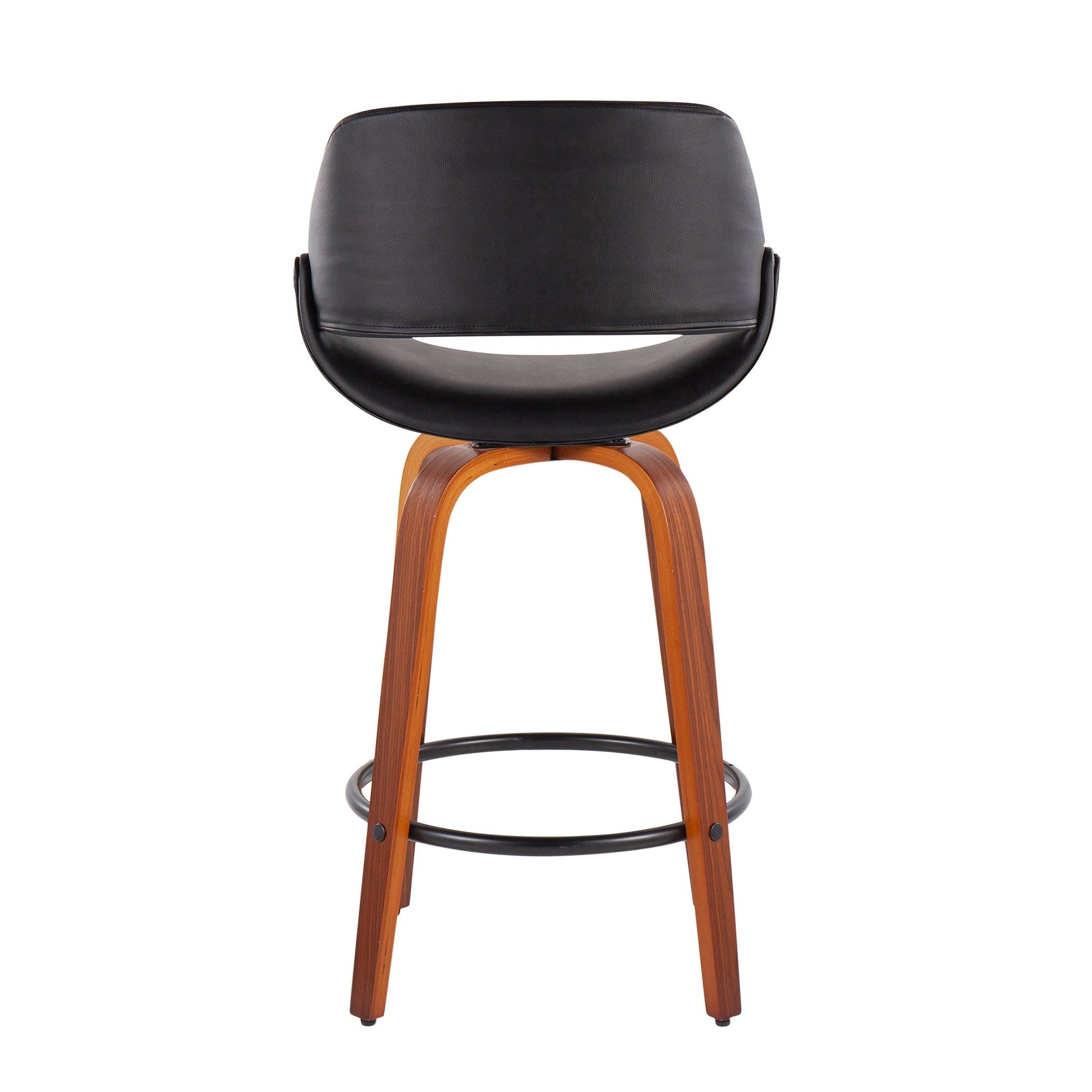 Fabrico Mid-Century Modern Fixed-Height Counter Stool in Walnut Wood with Round Black Footrest and Black Faux Leather By LumiSource - Set of 2 | Counter Stools | Modishstore - 7