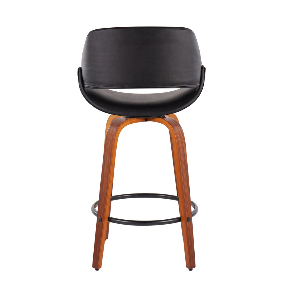 Fabrico Mid-Century Modern Fixed-Height Counter Stool in Walnut Wood with Round Black Footrest and Black Faux Leather By LumiSource - Set of 2 | Counter Stools | Modishstore - 7