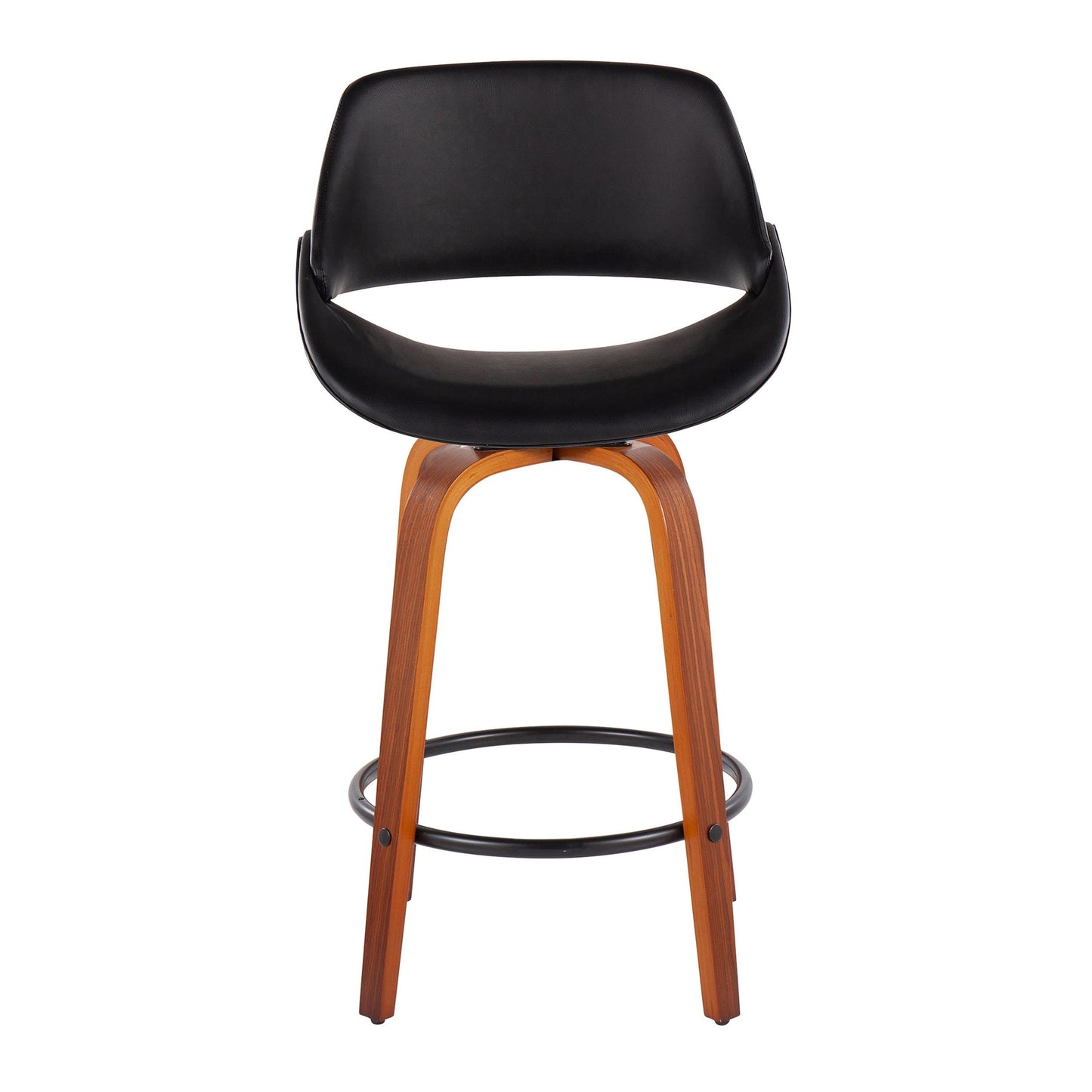 Fabrico Mid-Century Modern Fixed-Height Counter Stool in Walnut Wood with Round Black Footrest and Black Faux Leather By LumiSource - Set of 2 | Counter Stools | Modishstore - 2