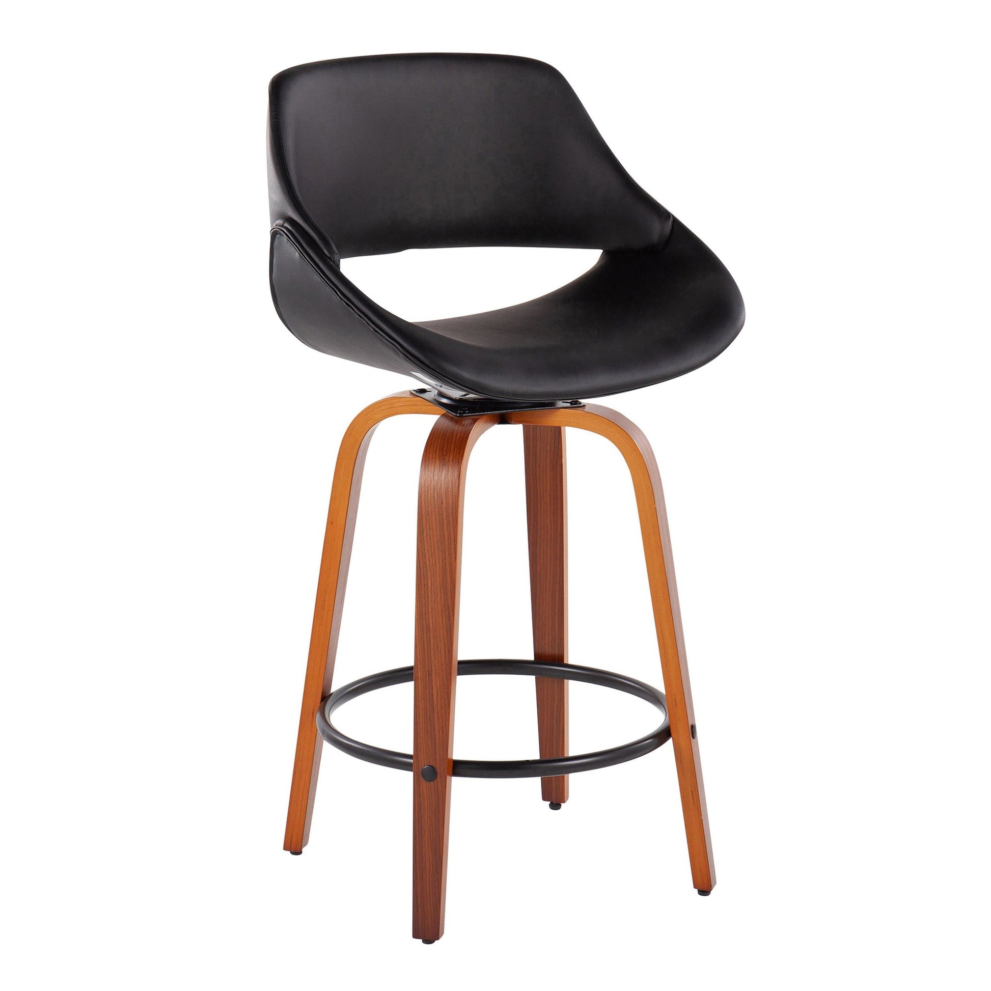 Fabrico Mid-Century Modern Fixed-Height Counter Stool in Walnut Wood with Round Black Footrest and Black Faux Leather By LumiSource - Set of 2 | Counter Stools | Modishstore - 4
