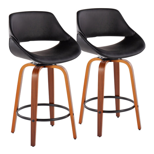 Fabrico Mid-Century Modern Fixed-Height Counter Stool in Walnut Wood with Round Black Footrest and Black Faux Leather By LumiSource - Set of 2 | Counter Stools | Modishstore