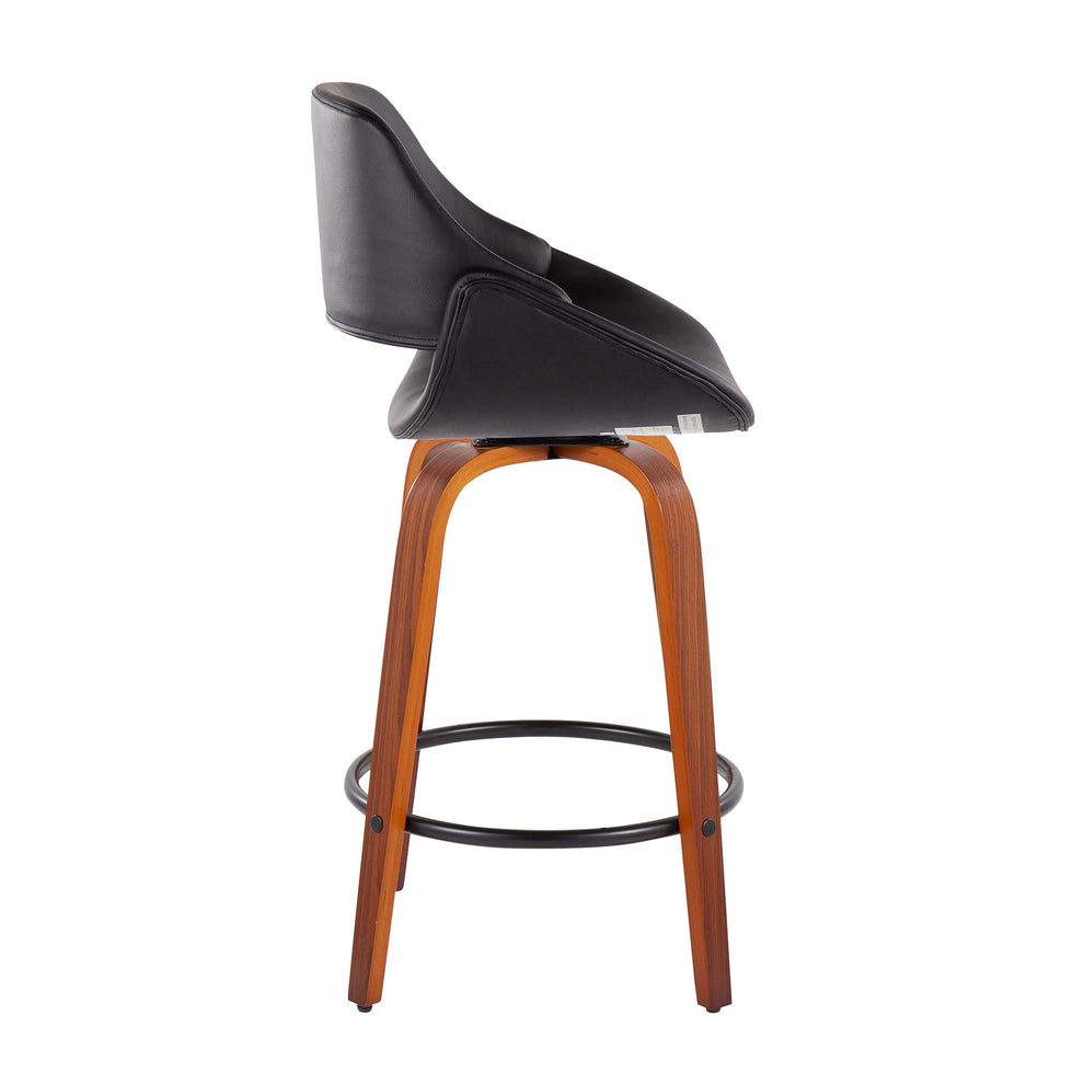 Fabrico Mid-Century Modern Fixed-Height Counter Stool in Walnut Wood with Round Black Footrest and Black Faux Leather By LumiSource - Set of 2 | Counter Stools | Modishstore - 5