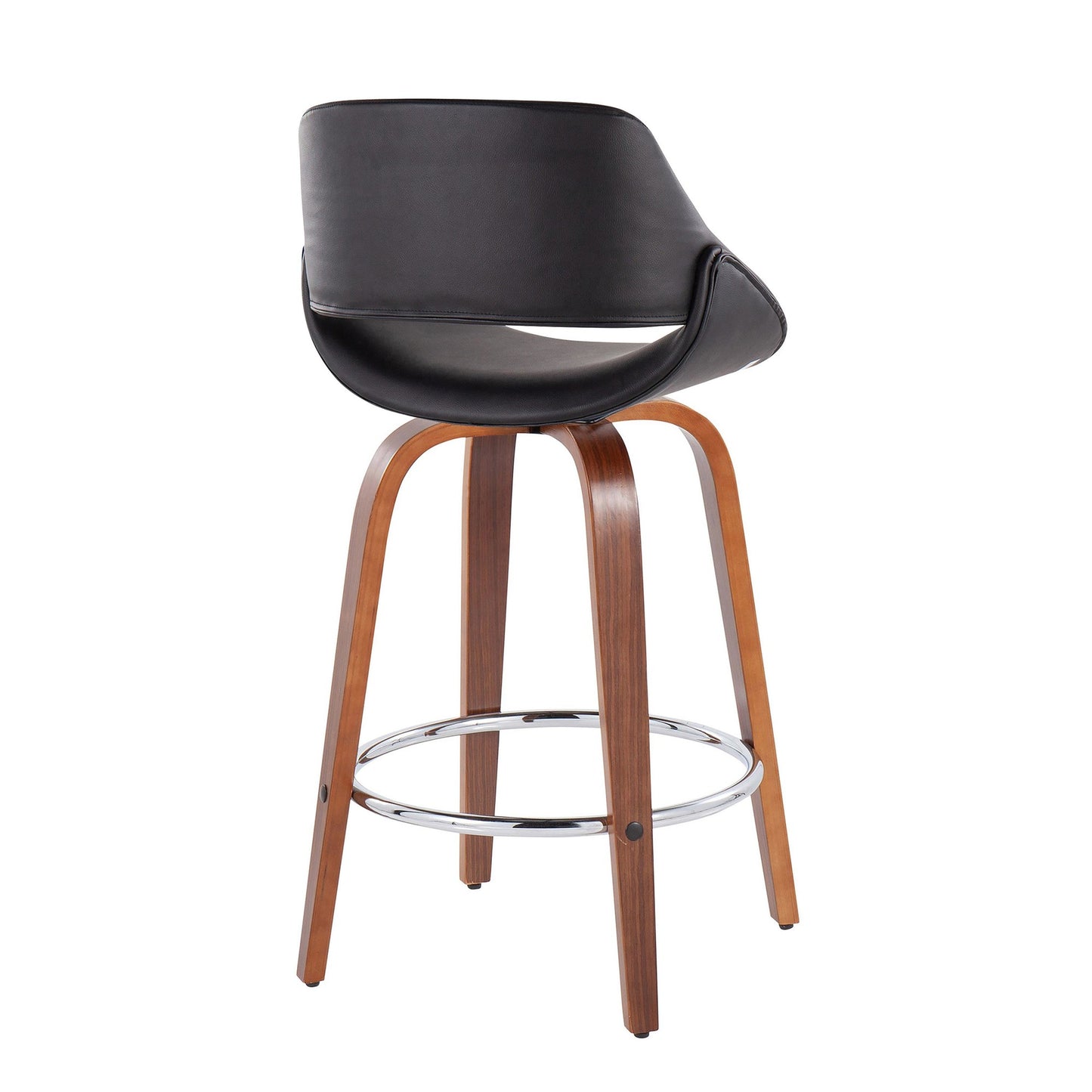 Fabrico Mid-Century Modern Fixed-Height Counter Stool in Walnut Wood with Round Chrome Footrest and Black Faux Leather By LumiSource - Set of 2 | Counter Stools | Modishstore - 6