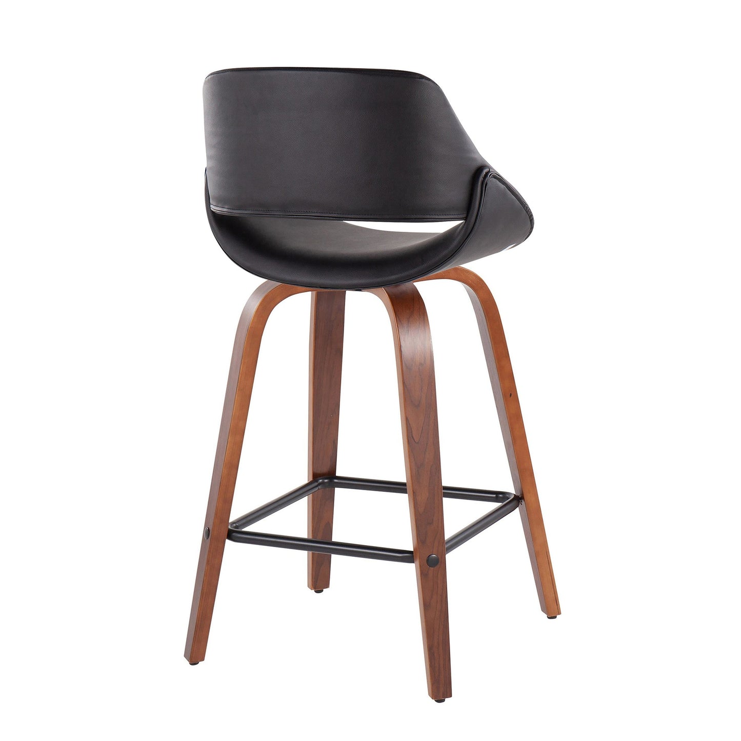 Fabrico Mid-Century Modern Fixed-Height Counter Stool in Walnut Wood with Square Black Footrest and Black Faux Leather By LumiSource - Set of 2 | Counter Stools | Modishstore - 6