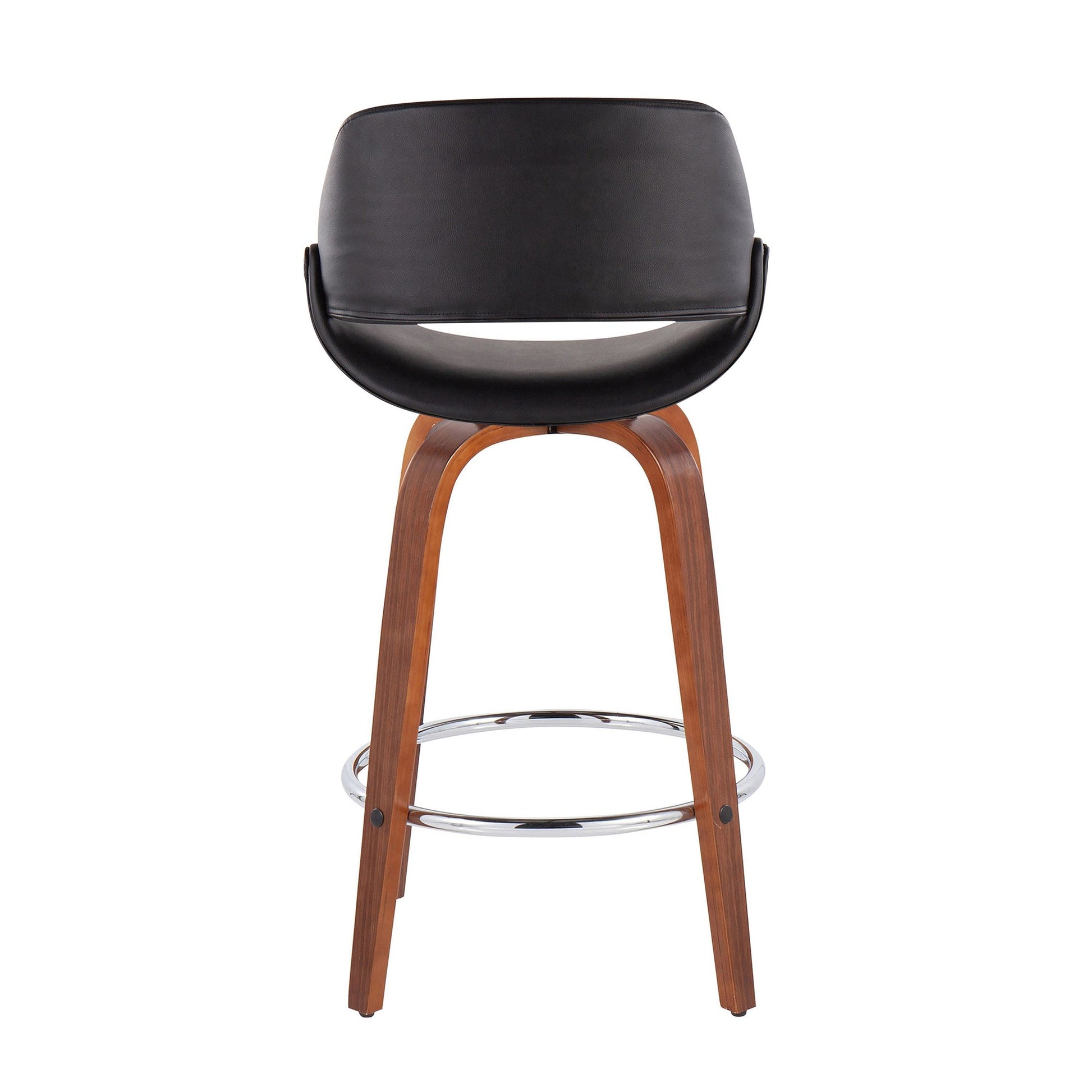 Fabrico Mid-Century Modern Fixed-Height Counter Stool in Walnut Wood with Round Chrome Footrest and Black Faux Leather By LumiSource - Set of 2 | Counter Stools | Modishstore - 7
