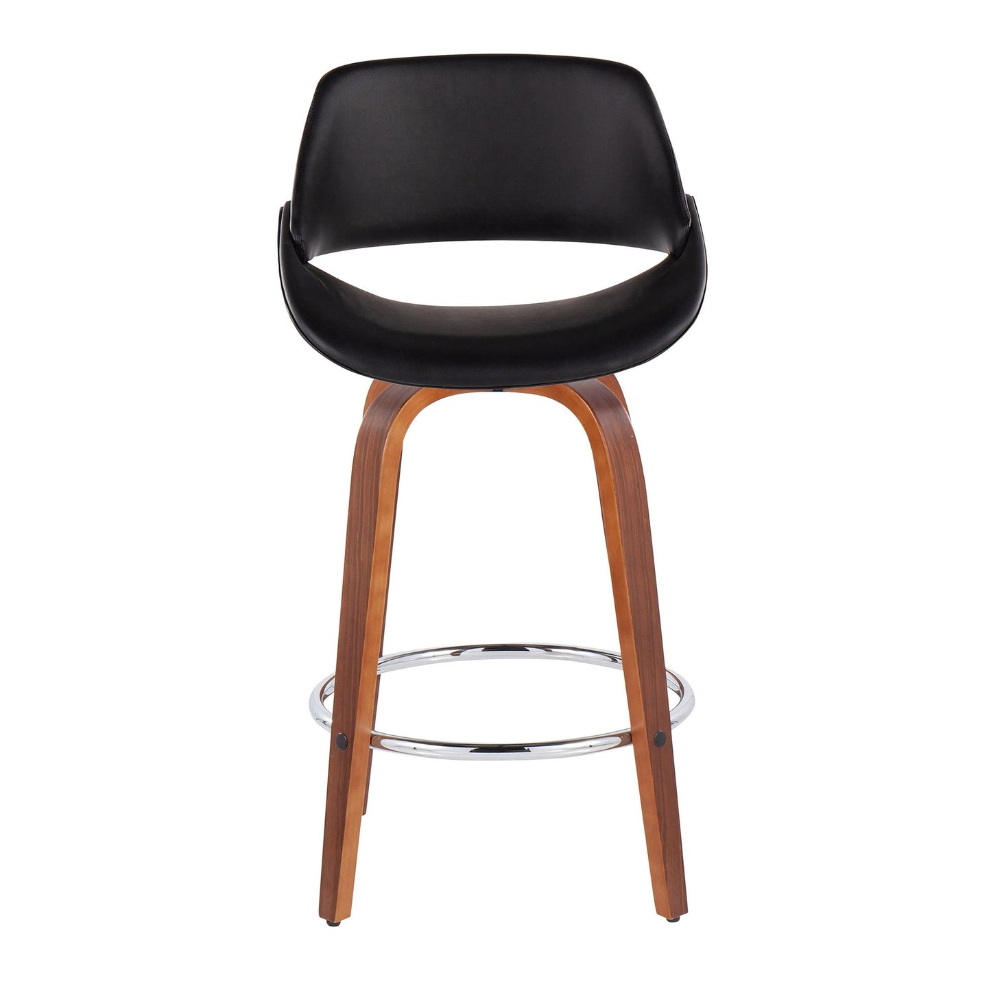 Fabrico Mid-Century Modern Fixed-Height Counter Stool in Walnut Wood with Round Chrome Footrest and Black Faux Leather By LumiSource - Set of 2 | Counter Stools | Modishstore - 2