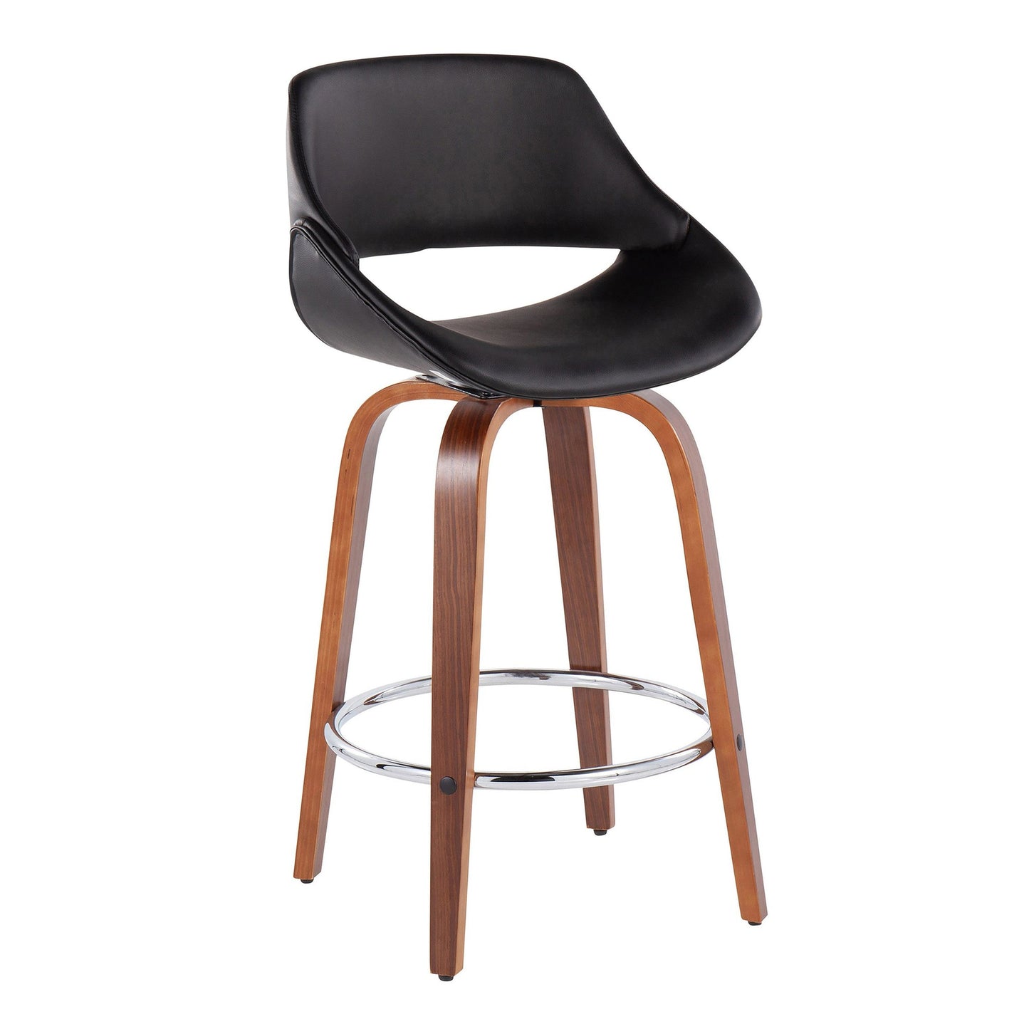 Fabrico Mid-Century Modern Fixed-Height Counter Stool in Walnut Wood with Round Chrome Footrest and Black Faux Leather By LumiSource - Set of 2 | Counter Stools | Modishstore - 4
