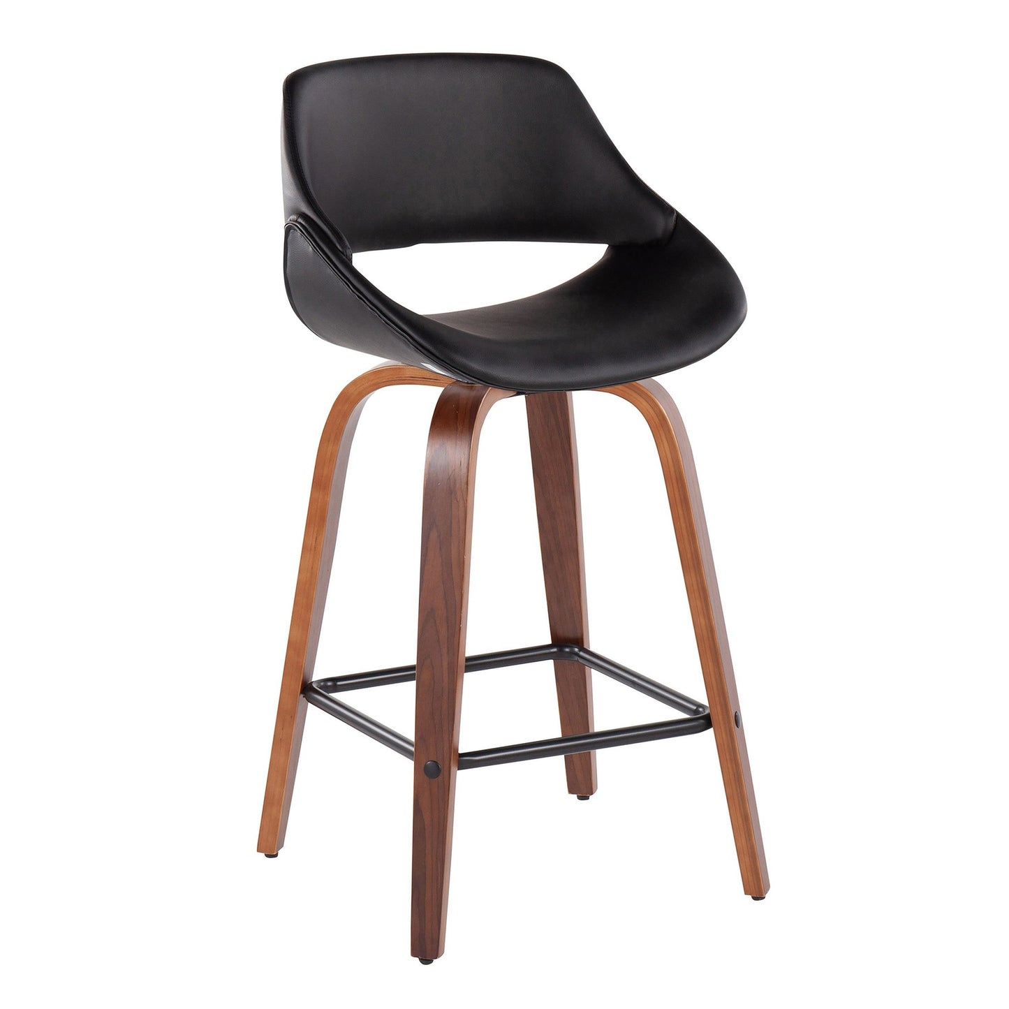 Fabrico Mid-Century Modern Fixed-Height Counter Stool in Walnut Wood with Square Black Footrest and Black Faux Leather By LumiSource - Set of 2 | Counter Stools | Modishstore - 4