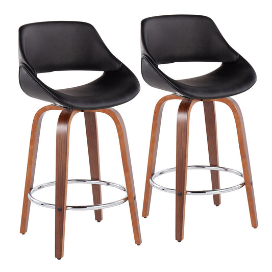 Fabrico Mid-Century Modern Fixed-Height Counter Stool in Walnut Wood with Round Chrome Footrest and Black Faux Leather By LumiSource - Set of 2 | Counter Stools | Modishstore