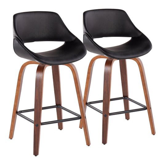Fabrico Mid-Century Modern Fixed-Height Counter Stool in Walnut Wood with Square Black Footrest and Black Faux Leather By LumiSource - Set of 2 | Counter Stools | Modishstore