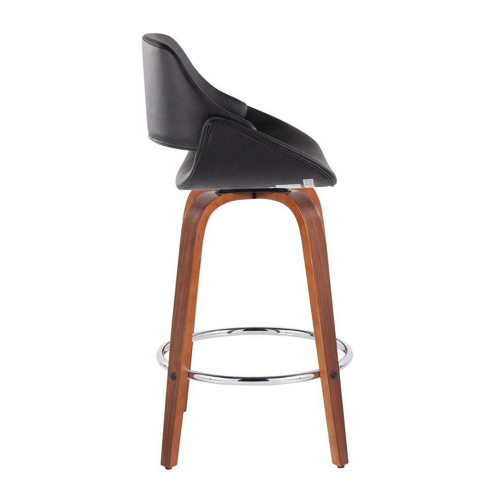Fabrico Mid-Century Modern Fixed-Height Counter Stool in Walnut Wood with Round Chrome Footrest and Black Faux Leather By LumiSource - Set of 2 | Counter Stools | Modishstore - 5