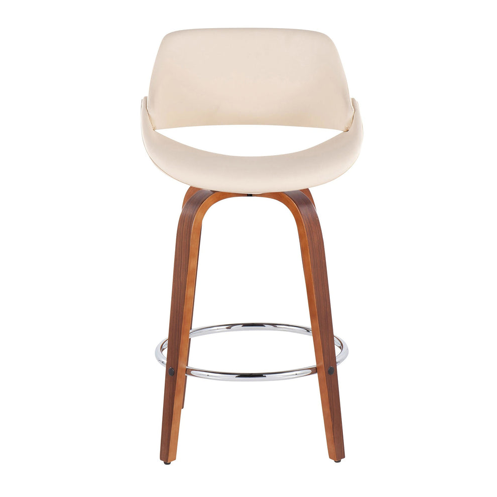 Fabrico Mid-Century Modern Fixed-Height Counter Stool in Walnut Wood with Round Chrome Footrest and Black Faux Leather By LumiSource - Set of 2 | Counter Stools | Modishstore - 9