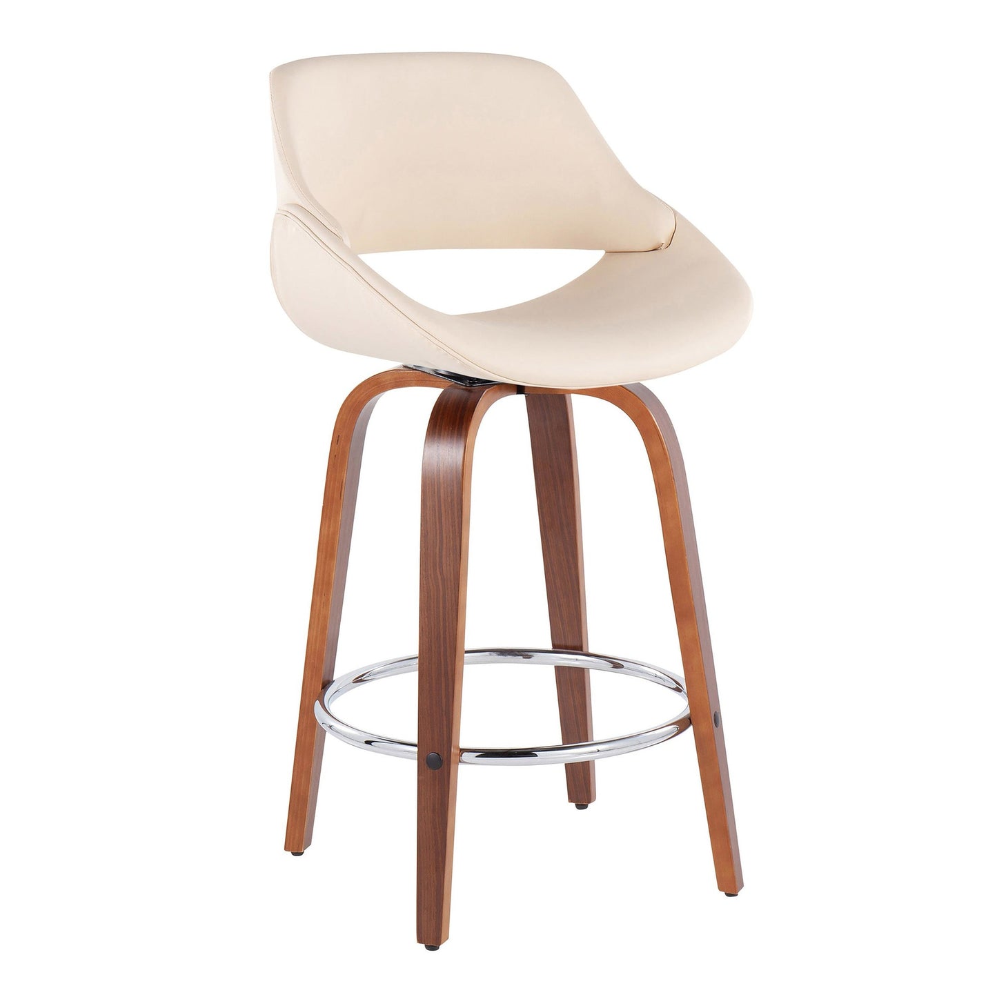 Fabrico Mid-Century Modern Fixed-Height Counter Stool in Walnut Wood with Round Chrome Footrest and Black Faux Leather By LumiSource - Set of 2 | Counter Stools | Modishstore - 11