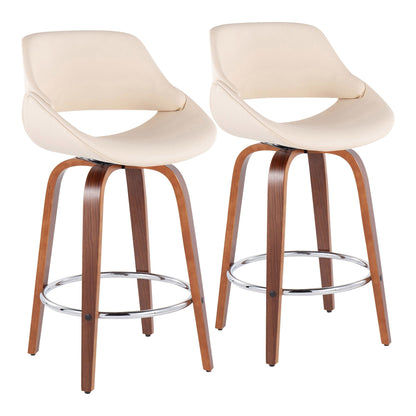 Fabrico Mid-Century Modern Fixed-Height Counter Stool in Walnut Wood with Round Chrome Footrest and Black Faux Leather By LumiSource - Set of 2 | Counter Stools | Modishstore - 8