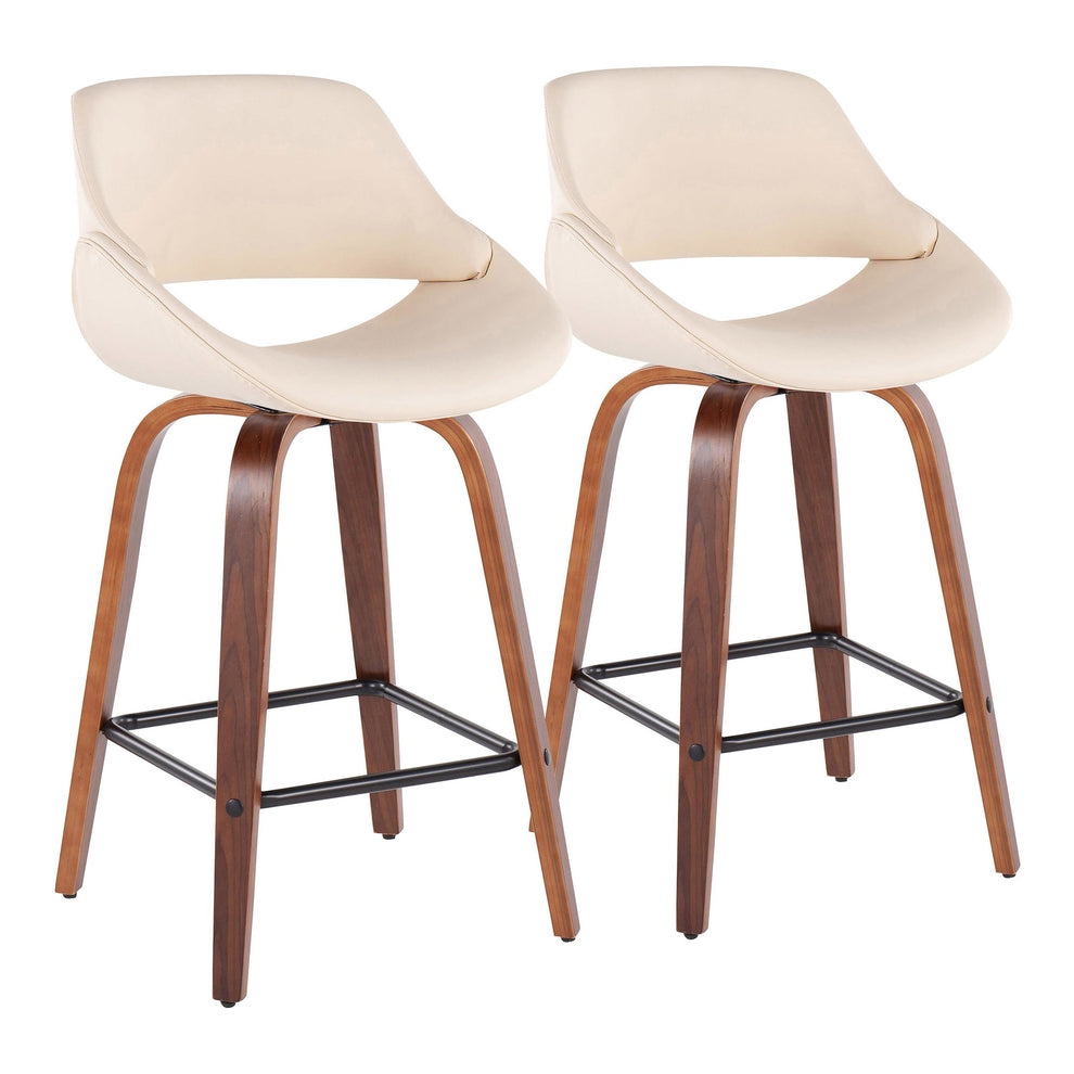 Fabrico Mid-Century Modern Fixed-Height Counter Stool in Walnut Wood with Square Black Footrest and Black Faux Leather By LumiSource - Set of 2 | Counter Stools | Modishstore - 8