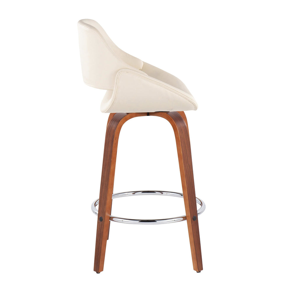 Fabrico Mid-Century Modern Fixed-Height Counter Stool in Walnut Wood with Round Chrome Footrest and Black Faux Leather By LumiSource - Set of 2 | Counter Stools | Modishstore - 12