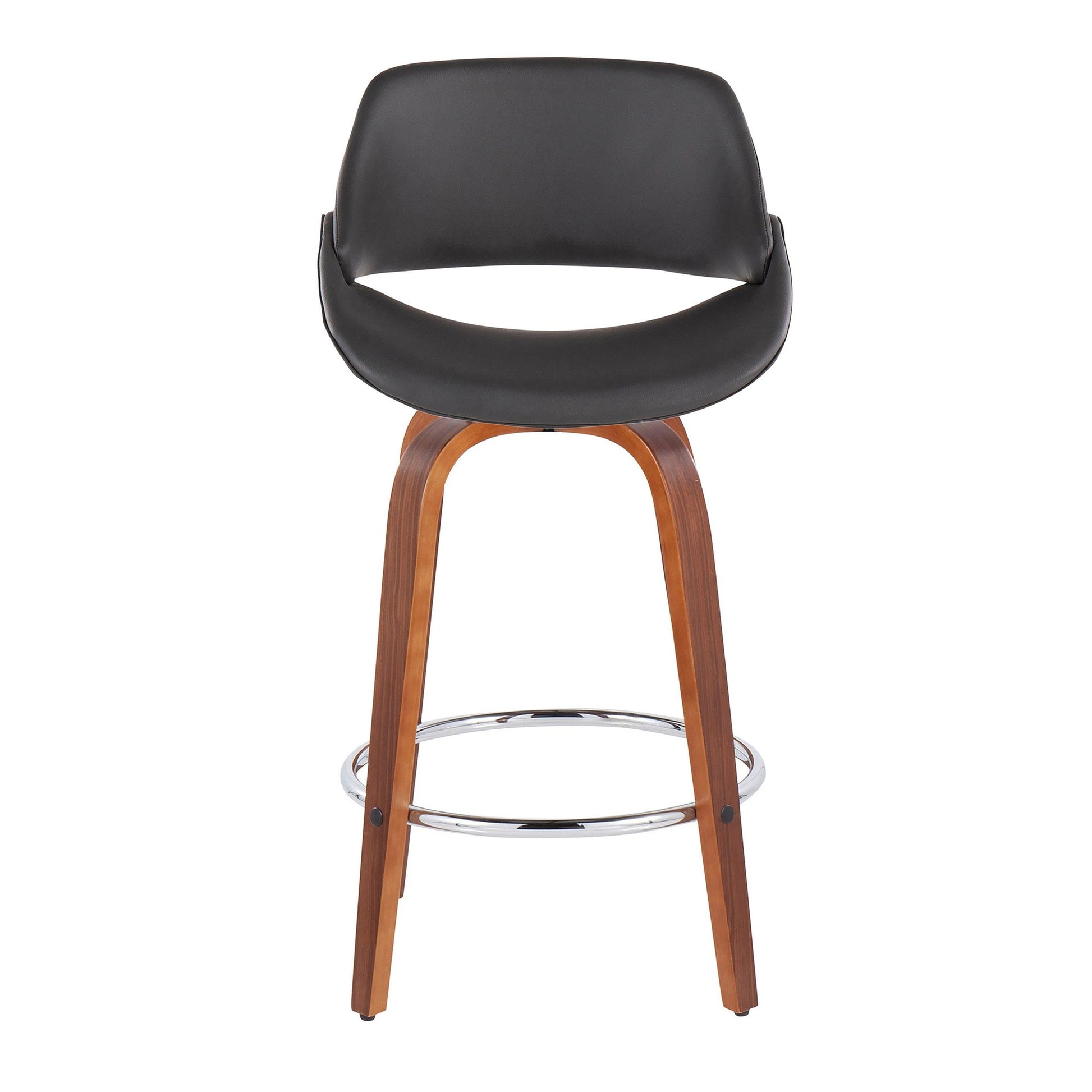 Fabrico Mid-Century Modern Fixed-Height Counter Stool in Walnut Wood with Round Chrome Footrest and Black Faux Leather By LumiSource - Set of 2 | Counter Stools | Modishstore - 16