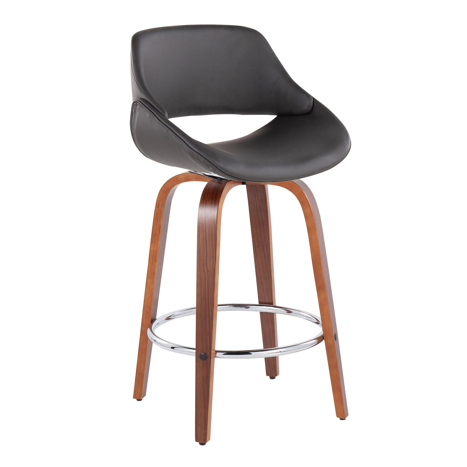 Fabrico Mid-Century Modern Fixed-Height Counter Stool in Walnut Wood with Round Chrome Footrest and Black Faux Leather By LumiSource - Set of 2 | Counter Stools | Modishstore - 18