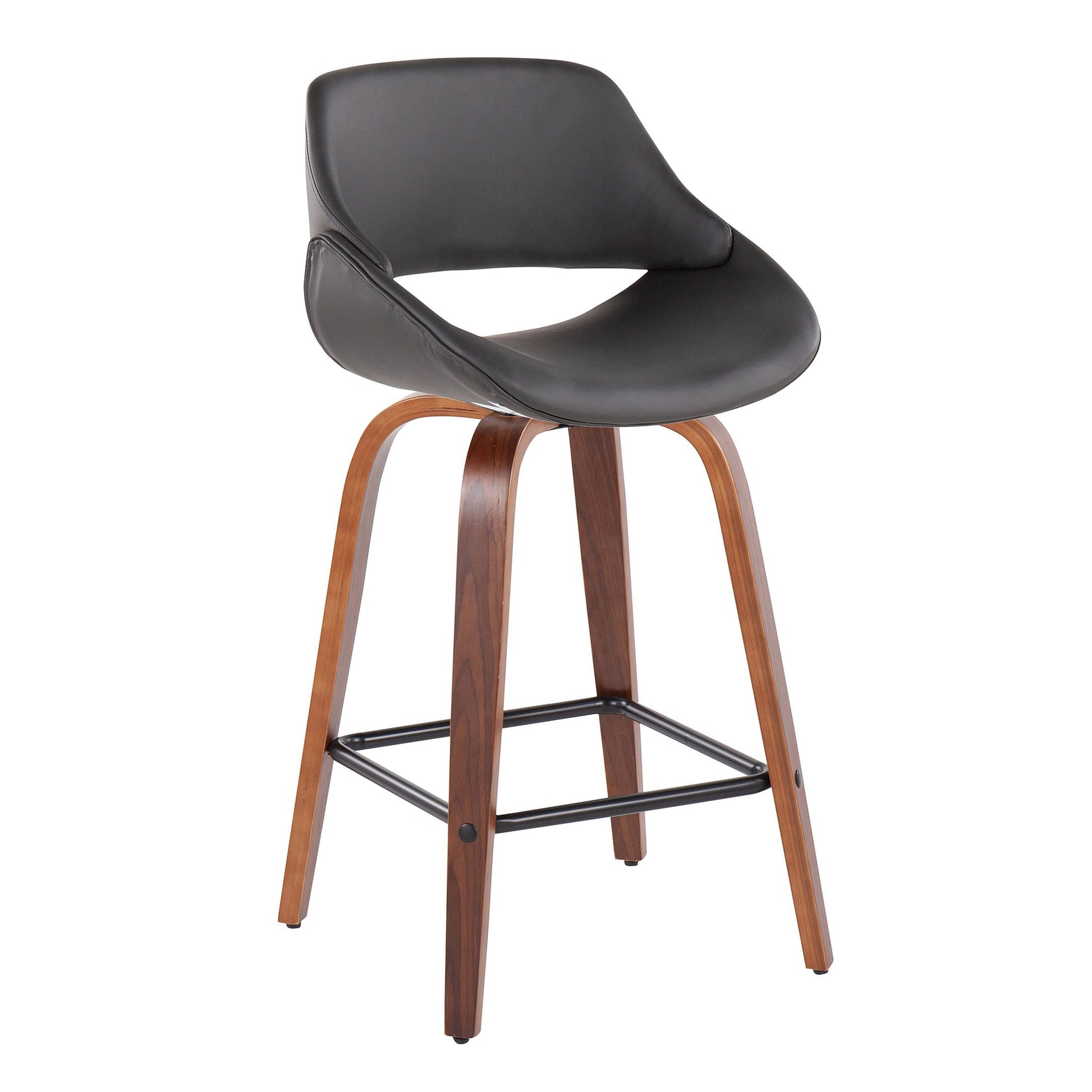 Fabrico Mid-Century Modern Fixed-Height Counter Stool in Walnut Wood with Square Black Footrest and Black Faux Leather By LumiSource - Set of 2 | Counter Stools | Modishstore - 18