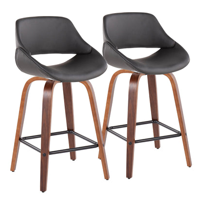Fabrico Mid-Century Modern Fixed-Height Counter Stool in Walnut Wood with Square Black Footrest and Black Faux Leather By LumiSource - Set of 2 | Counter Stools | Modishstore - 15