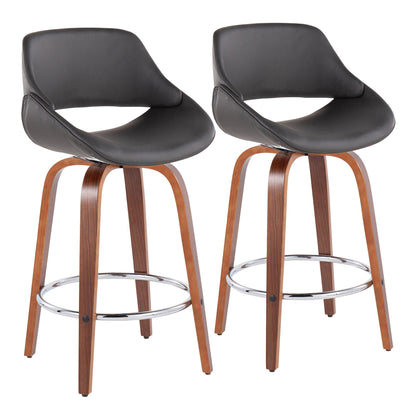 Fabrico Mid-Century Modern Fixed-Height Counter Stool in Walnut Wood with Round Chrome Footrest and Black Faux Leather By LumiSource - Set of 2 | Counter Stools | Modishstore - 15