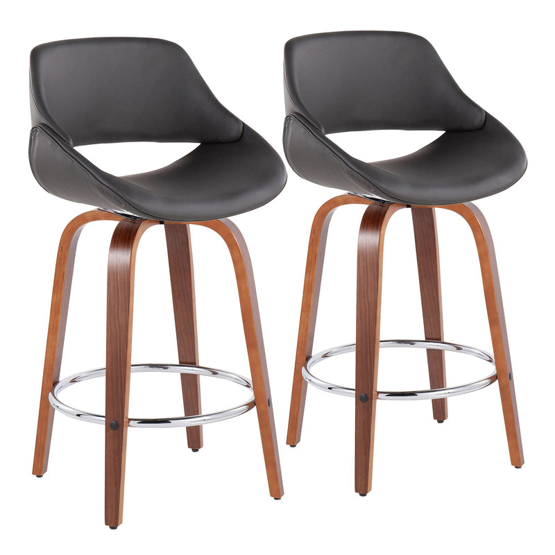 Fabrico Mid-Century Modern Fixed-Height Counter Stool in Walnut Wood with Round Chrome Footrest and Black Faux Leather By LumiSource - Set of 2 | Counter Stools | Modishstore - 15