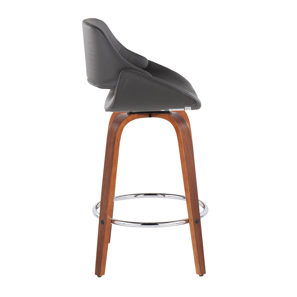 Fabrico Mid-Century Modern Fixed-Height Counter Stool in Walnut Wood with Round Chrome Footrest and Black Faux Leather By LumiSource - Set of 2 | Counter Stools | Modishstore - 19