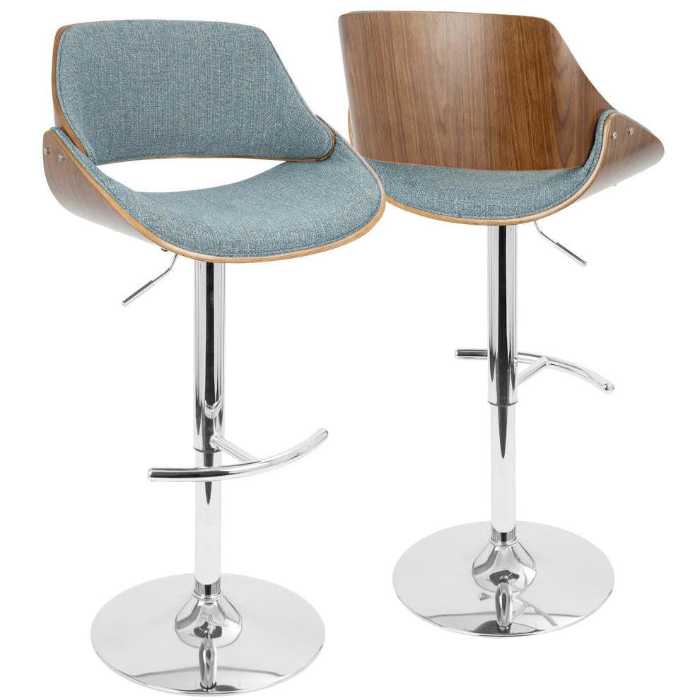 Fabrizzi Mid-Century Modern Adjustable Barstool with Swivel in Walnut and Blue Fabric By LumiSource - Set of 2 | Bar Stools | Modishstore - 7